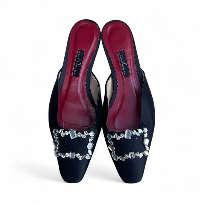 Carolina Herrera Black Satin Flat Mules