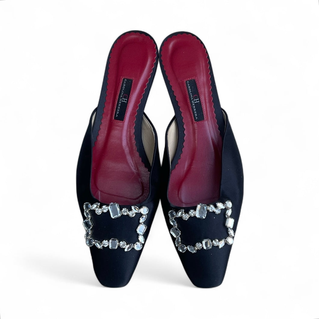 Carolina Herrera Black Satin Flat Mules